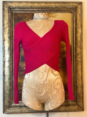 Bright Hot Pink Ribbed Wrap Crop Sweater